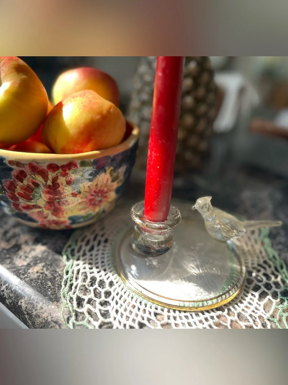 Vintage Glass pheasant Candle Holder - Clear Glass Accent with gold rims